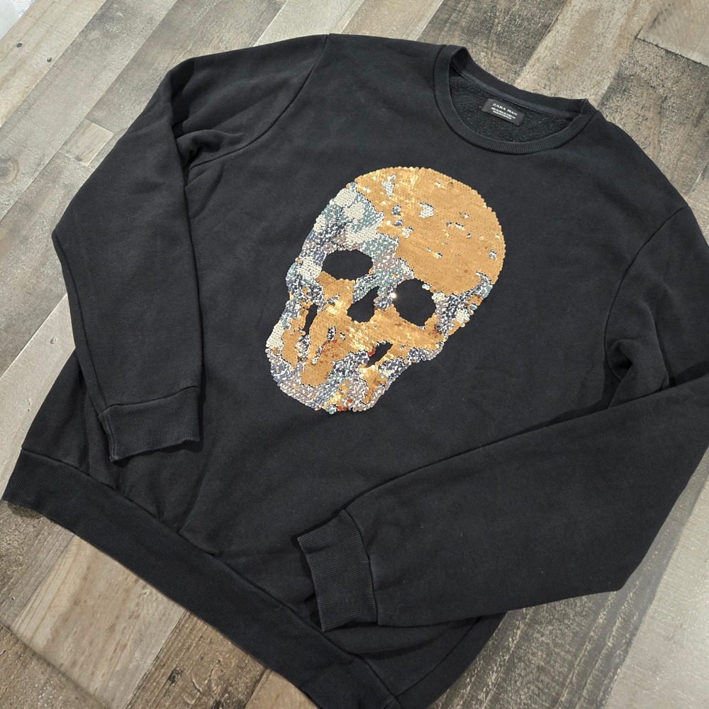 Zara Man Black Sequin Skull Graphic Sweatshirt XL Crewneck Pullover Streetwear